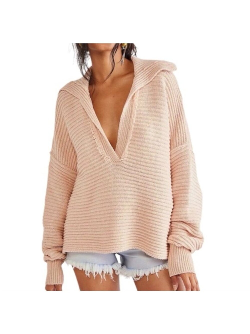 Free People Marlie Pullover V-Neck Sweater Dusty Pink Oversized BOHO Sz XL